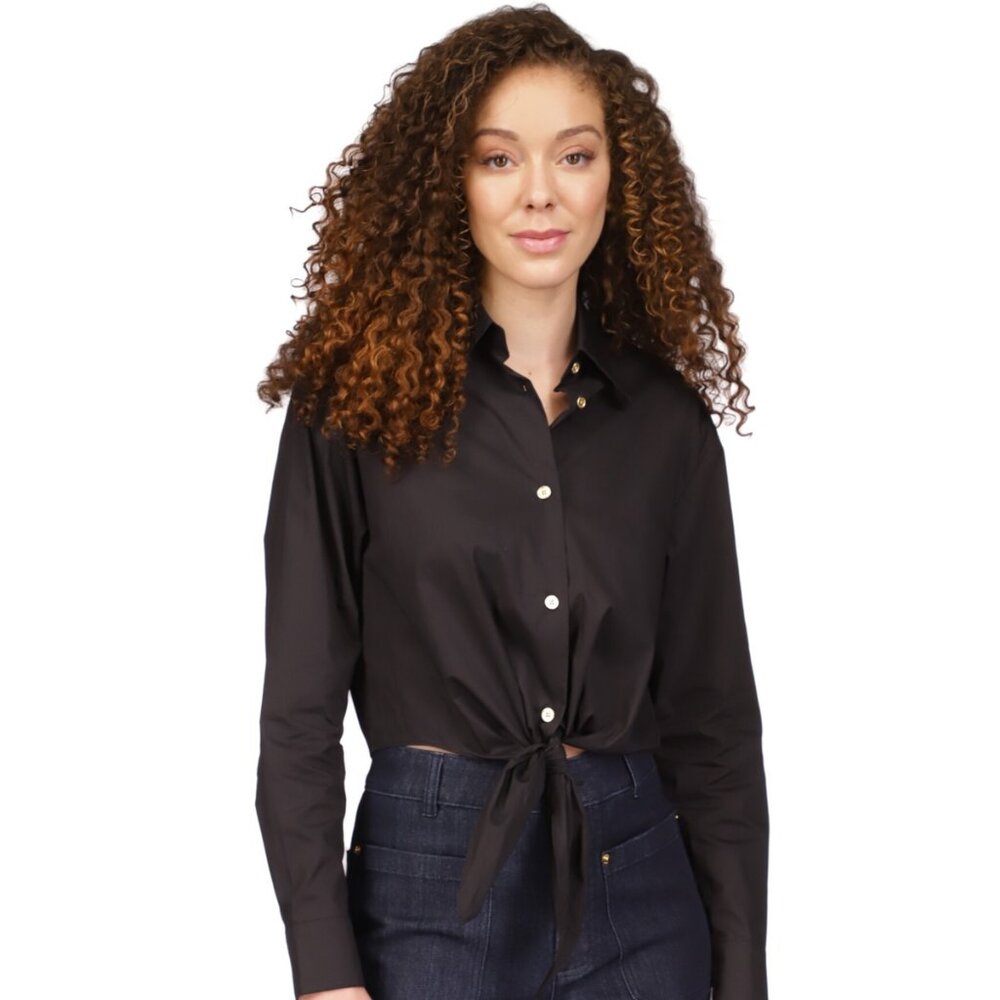 Womens Knot-Front Collared Button-Down Top